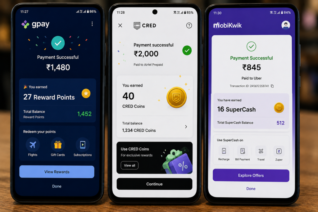 Ultra realistic smartphone screens displaying reward points earned after successful digital payments across different payment platforms, highlighting loyalty rewards, points balances, and post-payment engagement features.