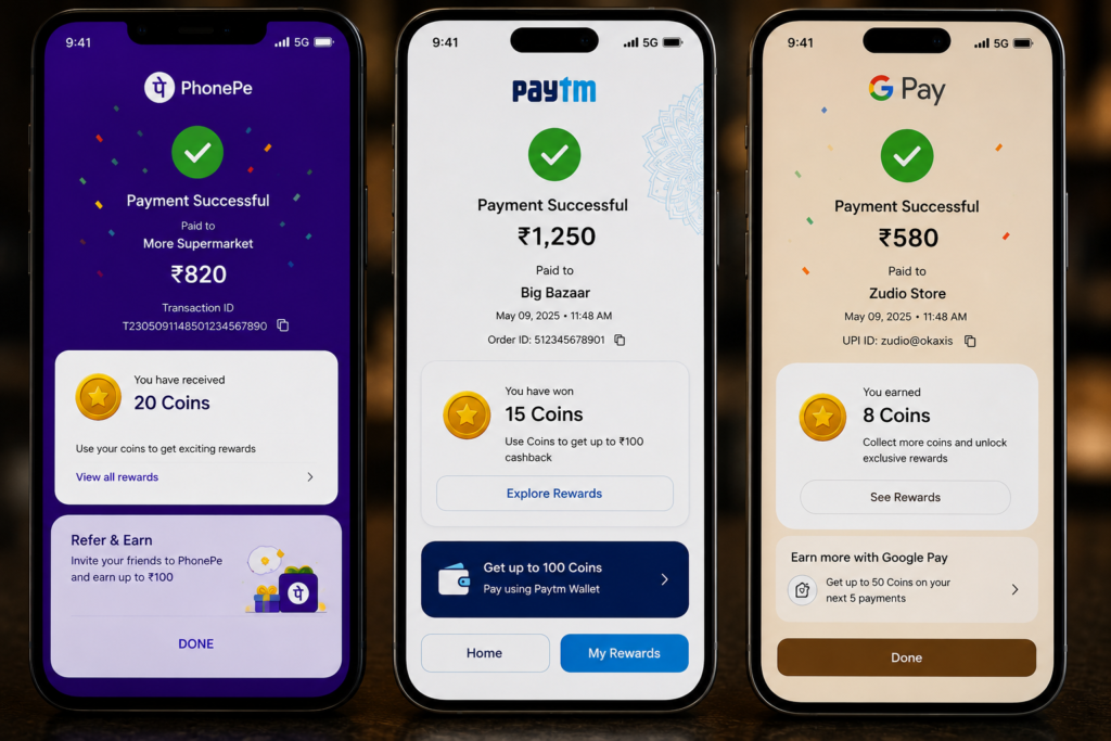 Ultra realistic smartphone screens displaying coins earned after successful digital payments across different payment platforms, showcasing gamified loyalty rewards, coin balances, and post-payment engagement interfaces.