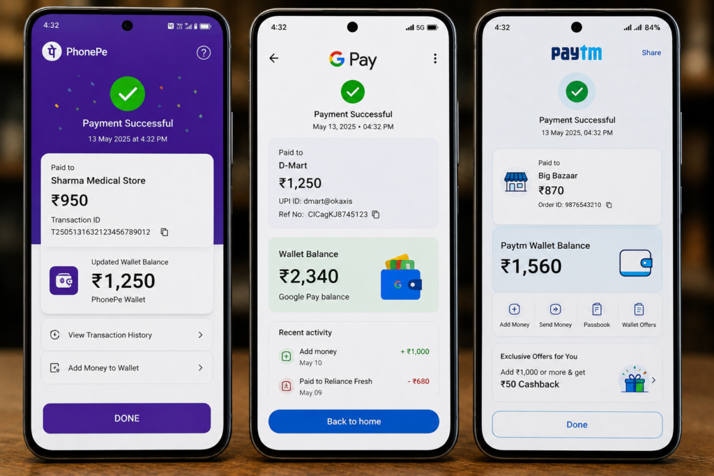 Ultra realistic smartphone screens displaying updated wallet balances after successful digital payments across different payment platforms, highlighting stored wallet funds, transaction confirmations, and post-payment reward interfaces.