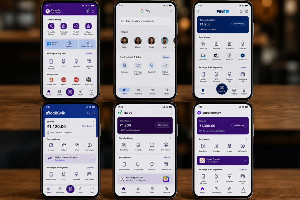 Ultra realistic comparison of PhonePe, Google Pay, Paytm, MobiKwik, Navi, and SuperMoney payment app interfaces, visually demonstrating their similar layouts, navigation patterns, and user experience design for faster and more familiar digital payments.