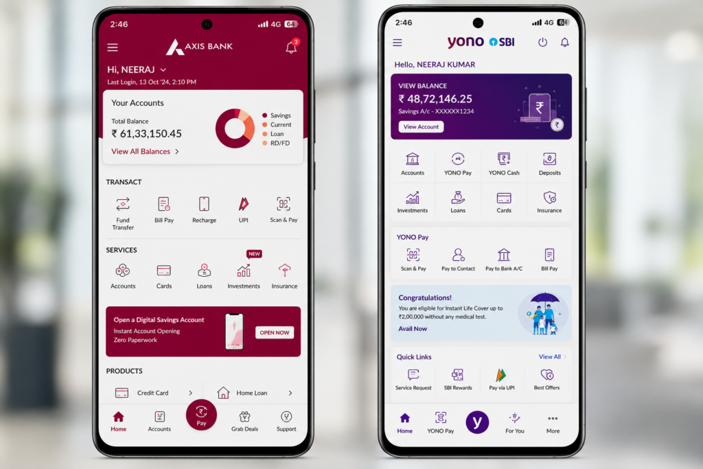 Ultra realistic side-by-side comparison of Axis Bank and YONO SBI mobile banking app interfaces, showcasing account management, fund transfers, bill payments, UPI services, and banking features within modern digital banking dashboards.