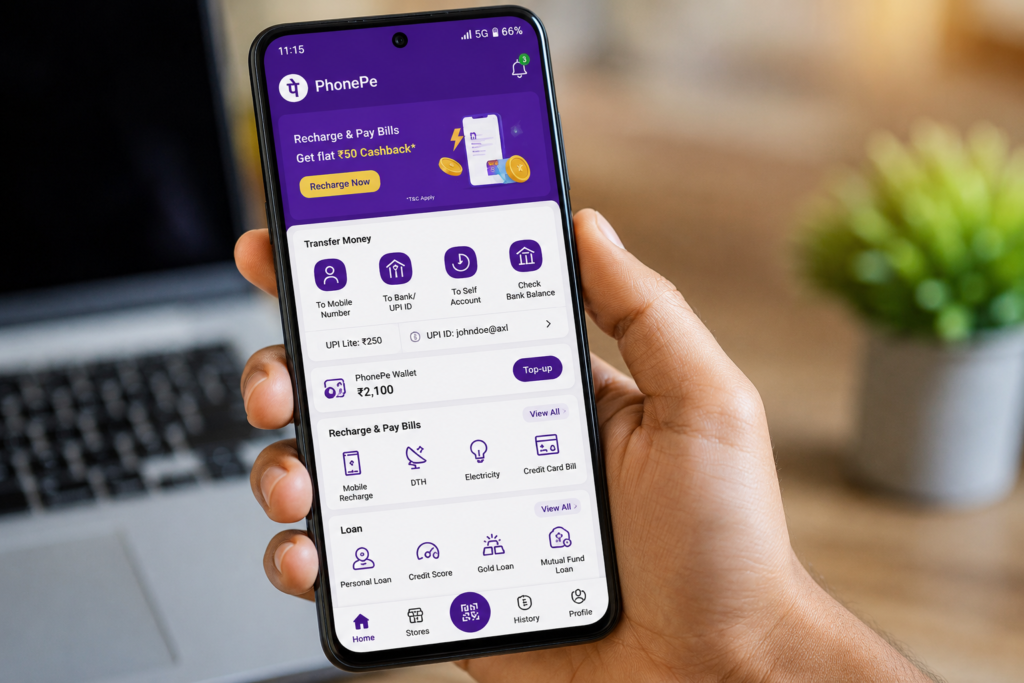 Ultra realistic close-up of a smartphone displaying a modern digital payment app interface with UPI transfers, QR code payments, wallet balance, bill payments, cashback offers, and financial services in a clean user-friendly dashboard.