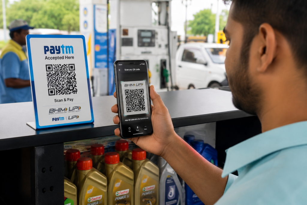 Ultra realistic image of a customer scanning a QR code with a smartphone to make a UPI payment at a petrol station, representing the widespread use of digital payments at fuel stations, grocery stores, supermarkets, and local retail shops across India.