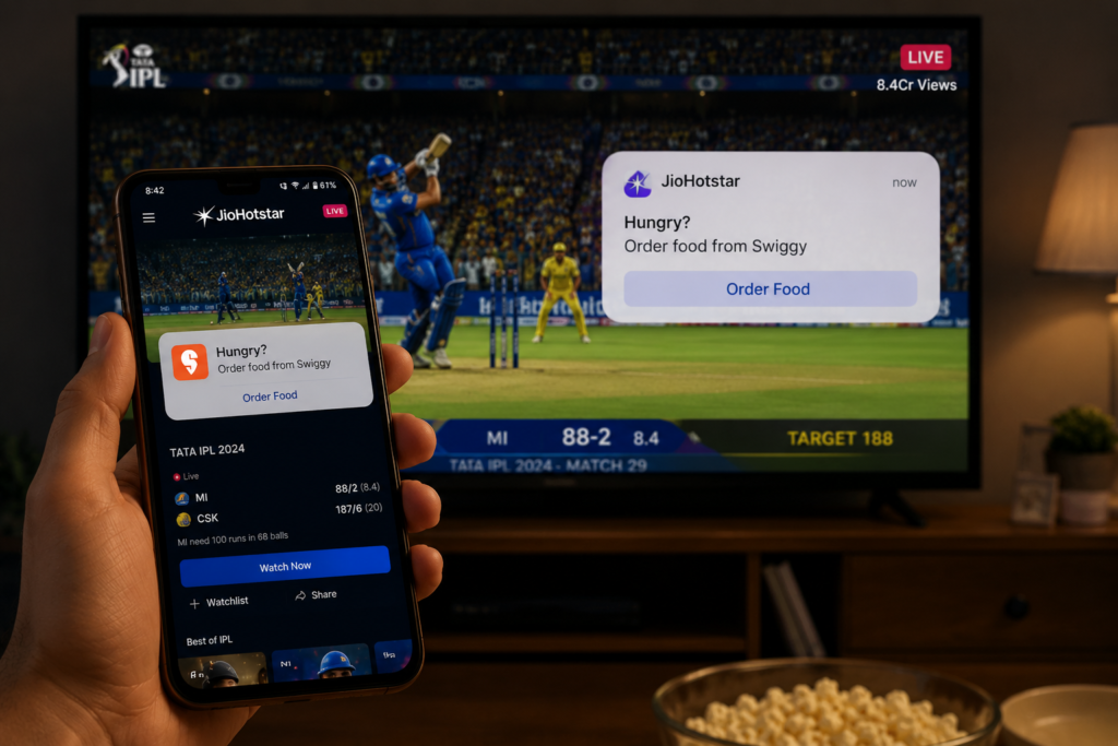 Ultra realistic illustration of a person watching a live IPL match on JioHotstar while receiving an in-app "Order Food" notification powered by Swiggy, demonstrating seamless brand collaboration and contextual marketing.
