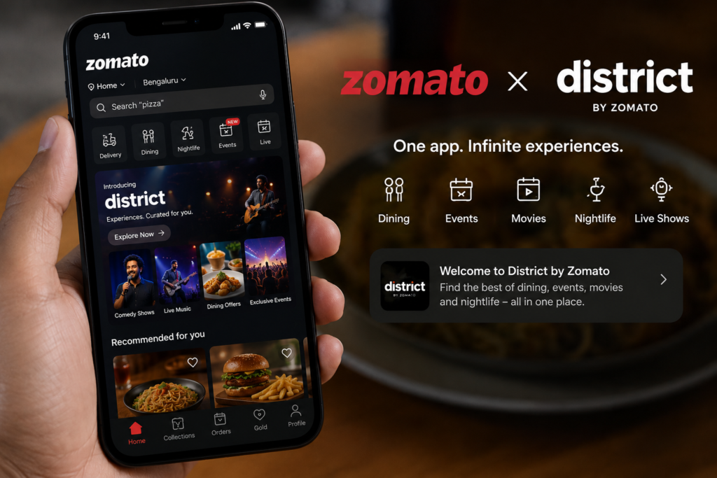 Ultra realistic illustration of the Zomato and District integration, showcasing a smartphone interface where users can seamlessly discover restaurants, book movie tickets, reserve event passes, and explore entertainment experiences from a single platform.
