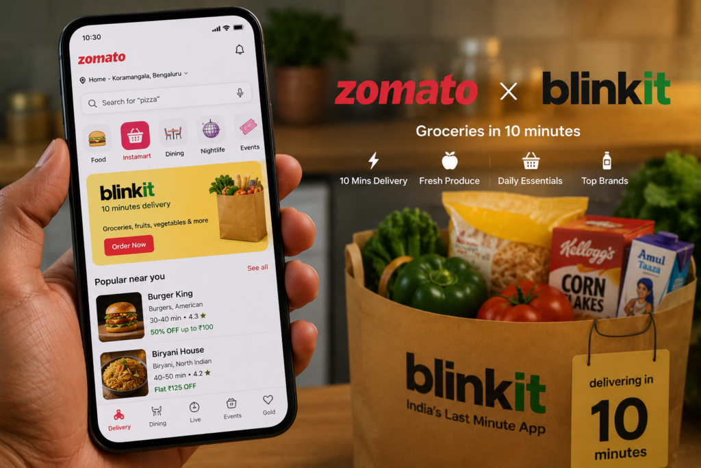 Ultra realistic illustration of the Zomato and Blinkit integration, showing a smartphone with the Zomato app promoting Blinkit for instant grocery delivery, highlighting how both services work together within a connected digital ecosystem.