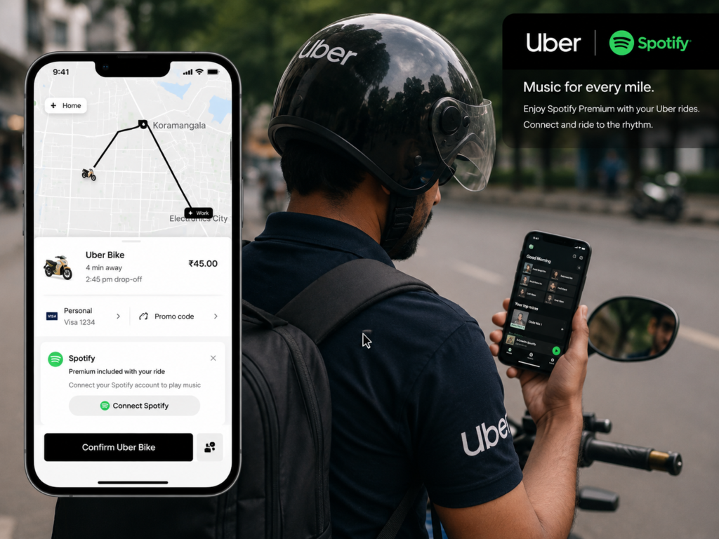 Ultra realistic illustration of a person riding an Uber Bike while viewing Spotify integration on the Uber app, demonstrating how transportation and music streaming platforms collaborate to create a personalized travel experience.