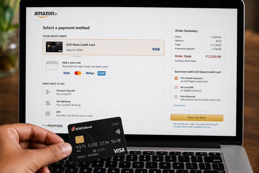 Ultra realistic illustration of Amazon's integration with the Amazon Pay ICICI Bank Credit Card, showing a customer making an online purchase while using the co-branded credit card to earn cashback, rewards, and exclusive shopping benefits.
