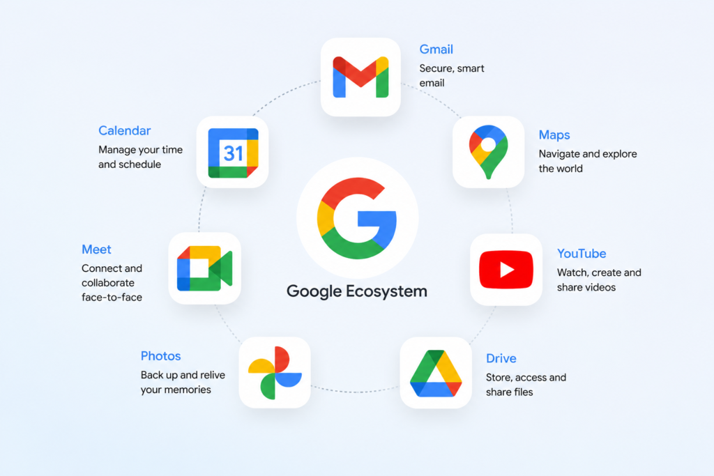 Ultra realistic visual illustrating the Google ecosystem with interconnected services including Gmail, Google Maps, YouTube, Google Drive, Google Photos, Google Calendar, and Google Meet, demonstrating how Google's integrated platform delivers a seamless digital experience.