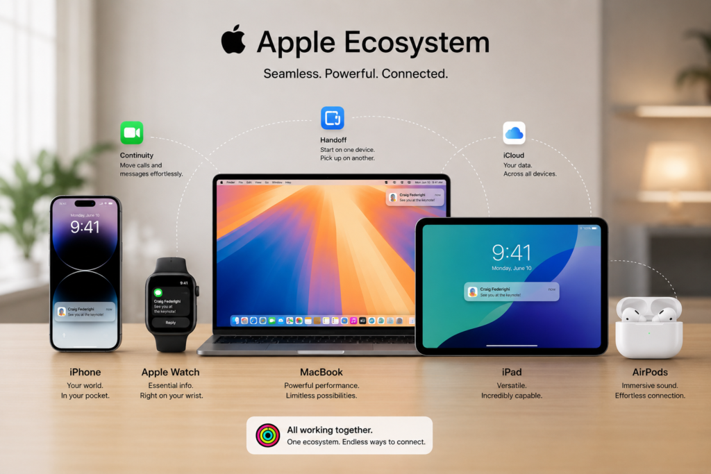 Ultra realistic illustration of Apple's connected ecosystem featuring an iPhone, Apple Watch, MacBook, iPad, and AirPods working seamlessly together through synchronized notifications, file sharing, and cross-device continuity.