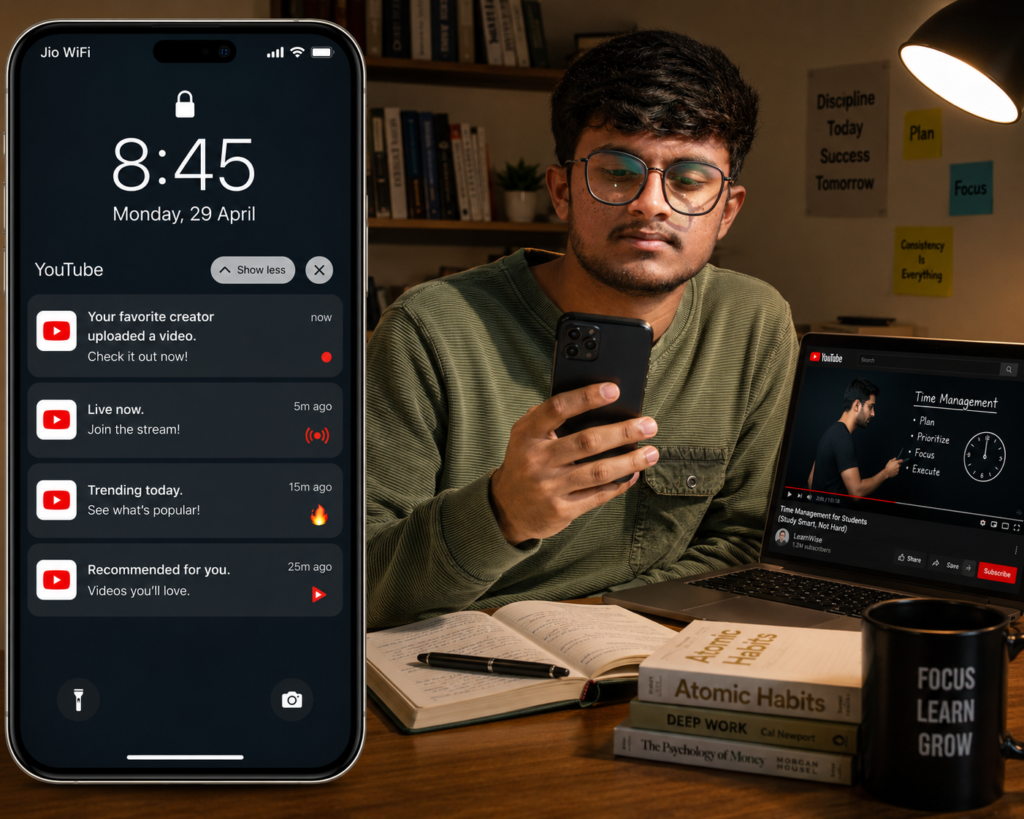 Ultra realistic illustration of a student learning from YouTube on a laptop while checking YouTube push notifications on his smartphone. The phone displays notifications such as "Your favorite creator uploaded a video," "Live now," "Trending today," and "Recommended for you," demonstrating how YouTube uses personalized notifications to encourage continued engagement.