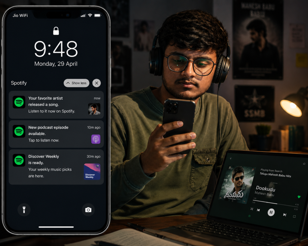 Ultra realistic illustration of a young man listening to Telugu Mahesh Babu songs on Spotify while checking Spotify push notifications on his smartphone. The screen displays notifications such as "Your favorite artist released a song," "New podcast episode available," and "Discover Weekly is ready," demonstrating how Spotify uses personalized music recommendations to engage listeners.