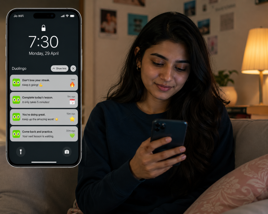 Ultra realistic illustration of a young woman checking Duolingo push notifications on her smartphone while relaxing at home. The screen displays notifications such as "Don't lose your streak," "Complete today's lesson," "You're doing great," and "Come back and practice," demonstrating how Duolingo uses gamification and habit-building reminders to encourage daily learning.