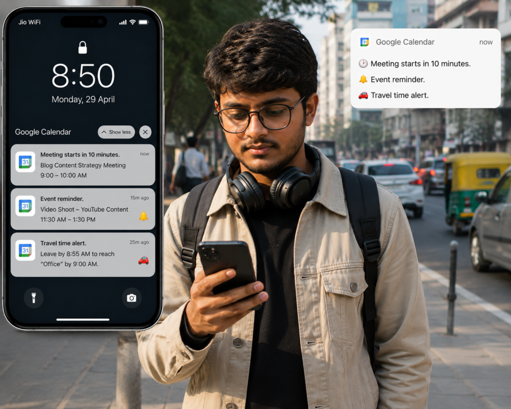 Ultra realistic illustration of a content creator walking to the office while checking Google Calendar notifications on his smartphone. The screen displays reminders such as "Meeting starts in 10 minutes," "Event reminder," and "Travel time alert," demonstrating how productivity apps use timely notifications to help users stay organized and on schedule.