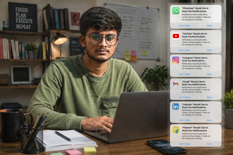 Ultra realistic illustration of a focused young professional working on a laptop while multiple mobile apps request notification permissions on a single smartphone screen. Permission prompts from WhatsApp, YouTube, Instagram, Gmail, LinkedIn, and Flipkart demonstrate how apps compete for user attention even during productive work.