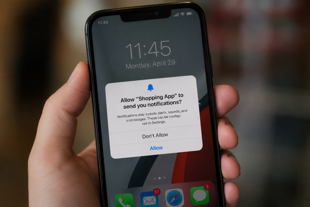 Ultra realistic close-up of a smartphone displaying a push notification permission pop-up asking the user to allow app notifications, illustrating how mobile apps request permission to send alerts, reminders, offers, and updates.