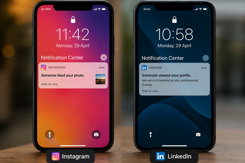 Ultra realistic comparison of Instagram and LinkedIn push notifications displayed on smartphone lock screens, showing an Instagram notification for a photo like and a LinkedIn notification for a profile view, illustrating how social media and professional networking apps use personalized notifications to drive user engagement.