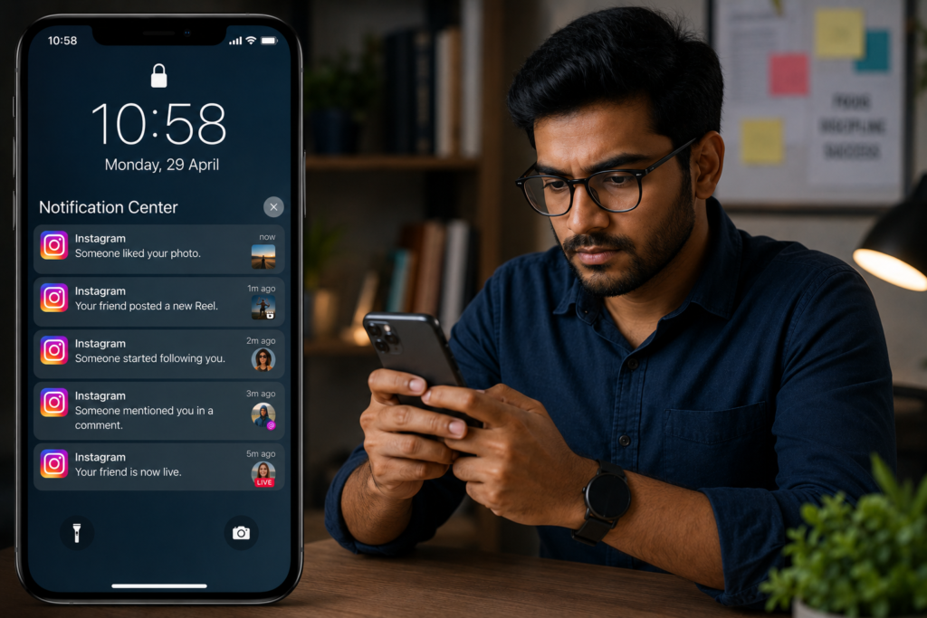 Ultra realistic illustration of a professional distracted from work while checking Instagram push notifications on his smartphone. The lock screen displays notifications such as someone liked a photo, posted a new Reel, started following, mentioned him in a comment, and went live, demonstrating how social media notifications capture user attention.