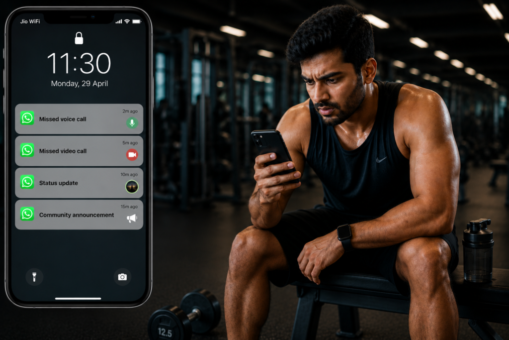 Ultra realistic illustration of a man pausing his gym workout to check WhatsApp notifications on his smartphone. The screen displays missed voice call, missed video call, status update, and community announcement notifications, demonstrating how messaging apps interrupt attention and influence user behavior.
