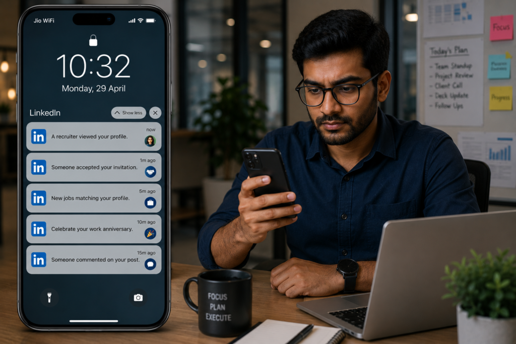 Ultra realistic illustration of a working professional checking LinkedIn push notifications on his smartphone while sitting at his office desk. The phone displays notifications including a recruiter viewed your profile, someone accepted your invitation, new jobs matching your profile, celebrate your work anniversary, and someone commented on your post, demonstrating LinkedIn's engagement and career-focused notification strategy.