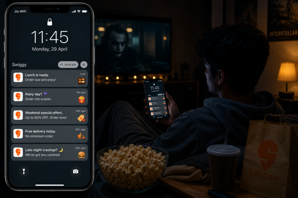 Ultra realistic illustration of a young man watching a movie in a dark room while checking Swiggy push notifications on his smartphone. The screen displays notifications such as "Lunch is ready," "Rainy day? Order hot snacks," "Weekend special offers," "Free delivery today," and "Late-night cravings?", demonstrating how food delivery apps use contextual and personalized notifications to capture user attention.