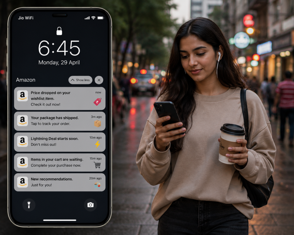 A young woman walking down a city street while listening to music and checking Amazon push notifications on her smartphone. The screen displays notifications including a price drop on a wishlist item, package shipment update, Lightning Deal alert, cart reminder, and personalized product recommendations, demonstrating Amazon's personalized notification strategy.