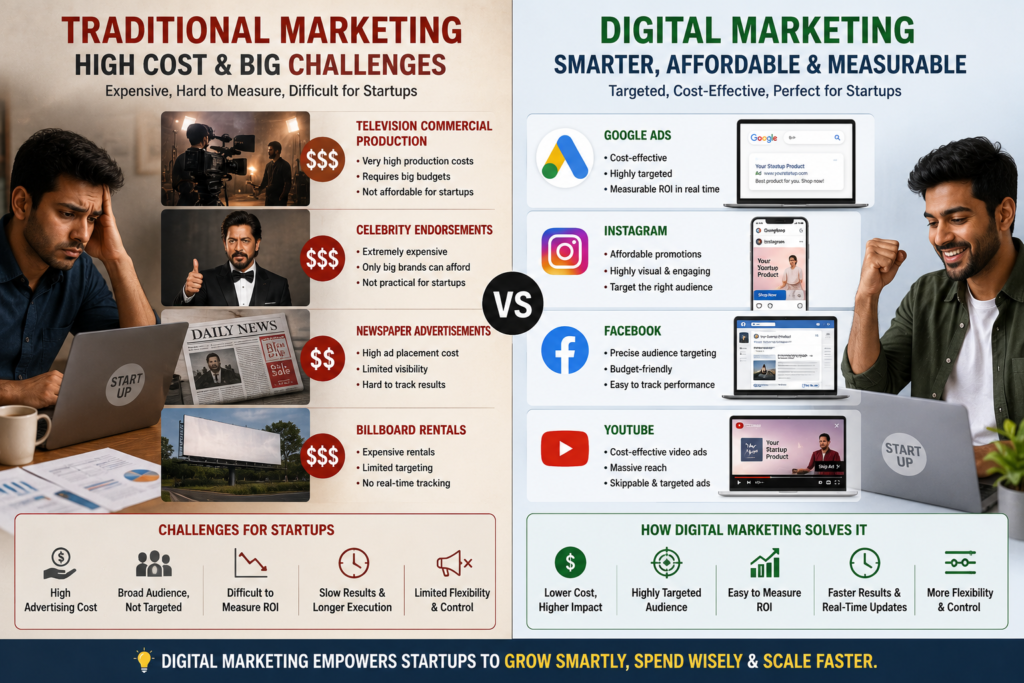 Comparison showing how Digital Marketing overcomes the limitations of Traditional Marketing by offering affordable advertising, precise audience targeting, measurable campaign performance, and scalable marketing solutions for startups and growing businesses.