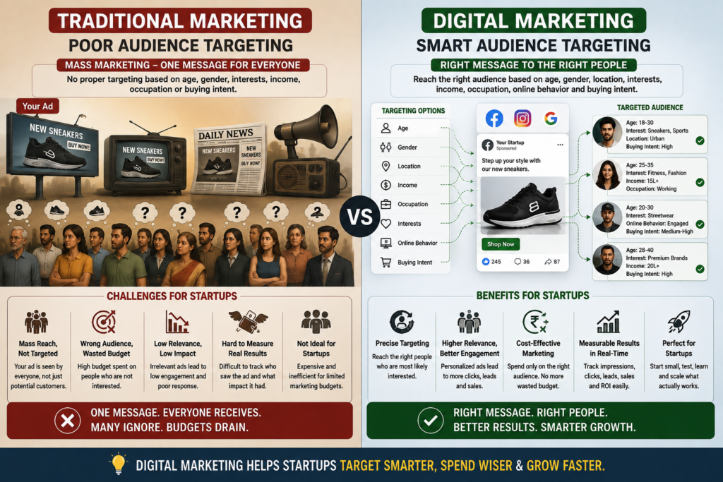 Comparison demonstrating how Digital Marketing replaces mass marketing with precise audience targeting based on demographics, interests, location, income, occupation, online behavior, and purchase intent, helping businesses reduce wasted advertising spend and improve campaign effectiveness.