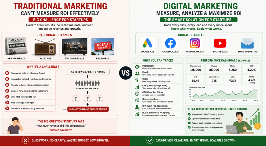 Comparison explaining how Digital Marketing enables businesses to accurately measure campaign performance using metrics such as impressions, reach, clicks, CTR, CPC, conversion rate, CPA, and ROAS, helping marketers make data-driven decisions instead of relying on guesswork.