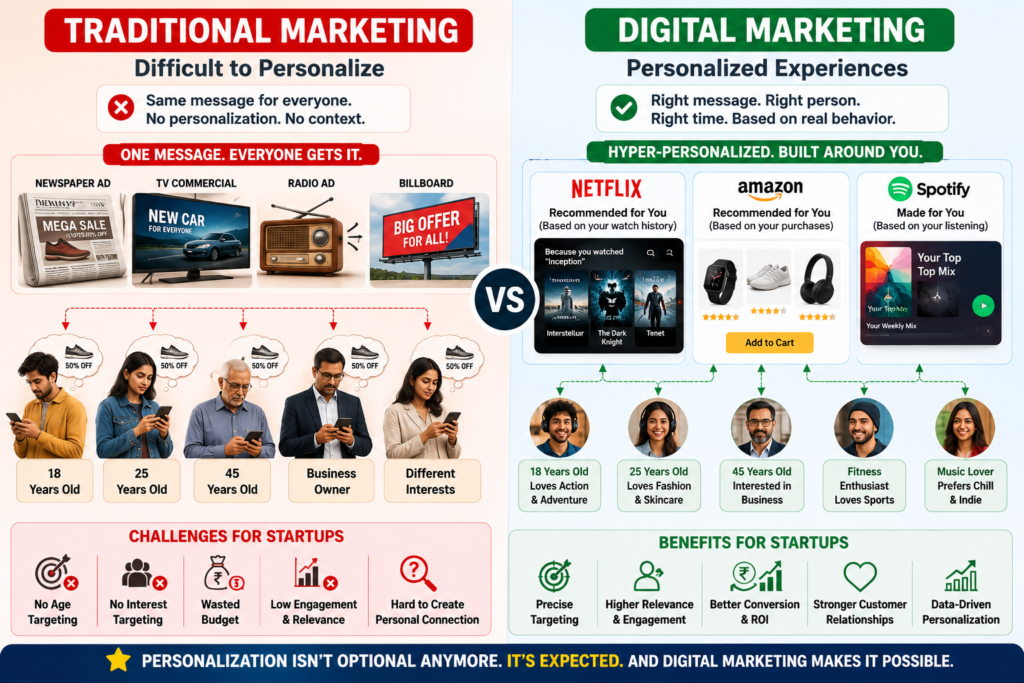 Digital marketing delivers personalized experiences to the right audience, while traditional marketing uses the same message for everyone, resulting in better targeting, engagement, and conversions.
