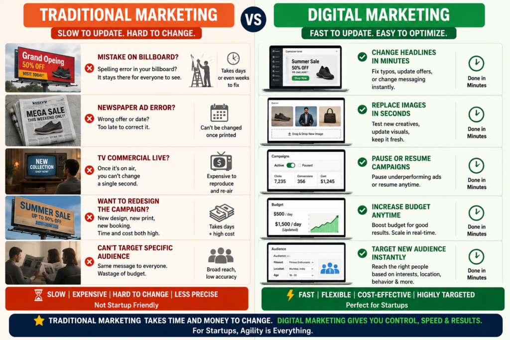 Digital marketing enables startups to adapt campaigns in minutes, while traditional marketing requires significant time and cost to make changes, making digital marketing more agile and efficient.