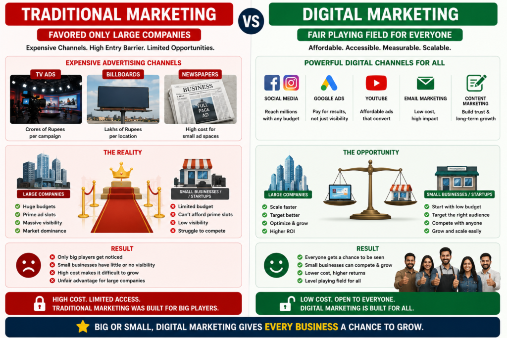 Digital marketing levels the playing field by enabling startups and small businesses to compete with large companies through affordable, measurable, and scalable marketing.