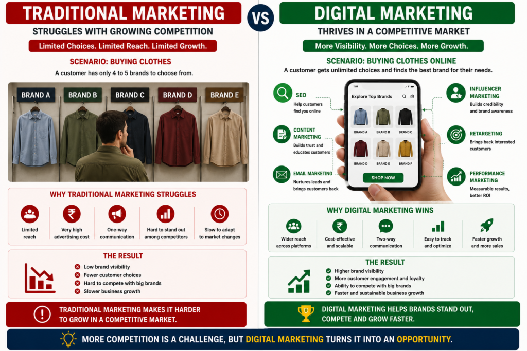 Digital marketing helps businesses stand out in a competitive market by using SEO, content marketing, influencer marketing, email marketing, retargeting, and performance marketing to attract and retain customers.