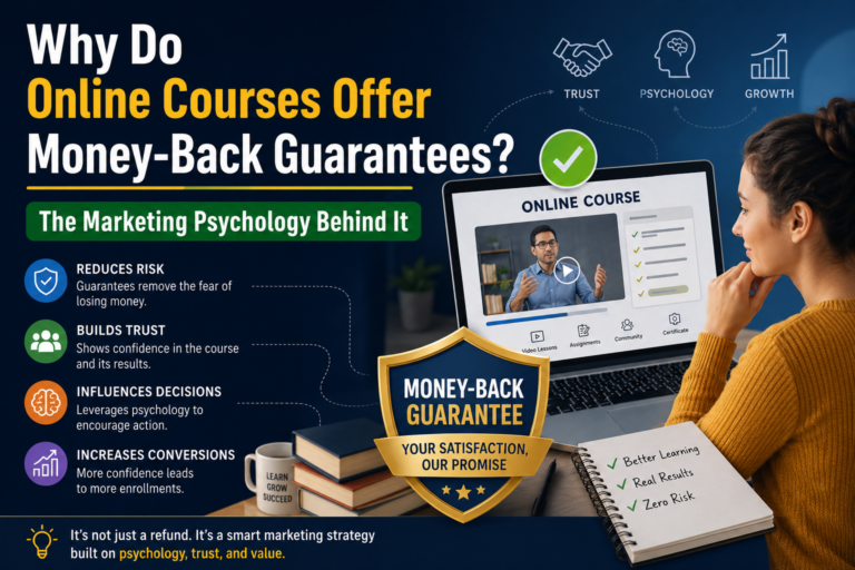 Online course money back guarantee showing how risk reversal, trust and marketing psychology influence customer decisions