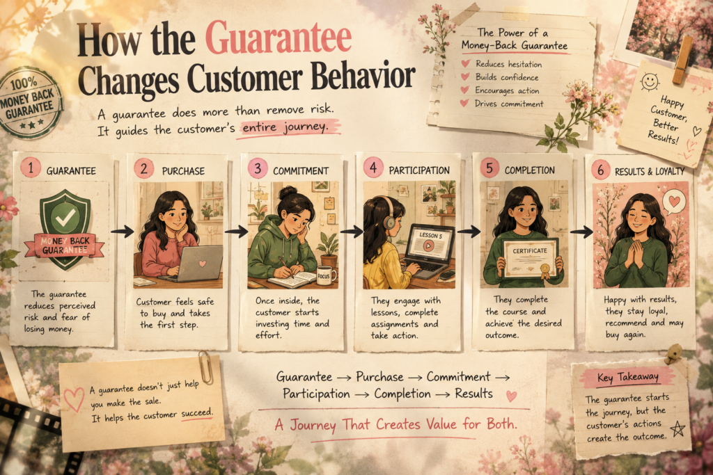 Online course money back guarantee showing how a guarantee influences customer behavior from purchase to commitment, participation and completion