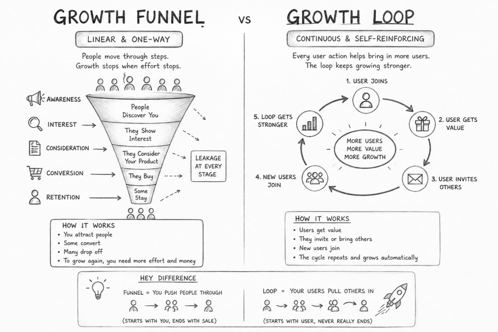 Growth Funnels help businesses acquire customers through a linear process, while Growth Loops create continuous, self-sustaining growth by turning customer value into ongoing business growth.