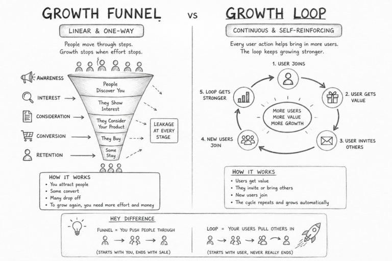 Growth Funnels help businesses acquire customers through a linear process, while Growth Loops create continuous, self-sustaining growth by turning customer value into ongoing business growth.