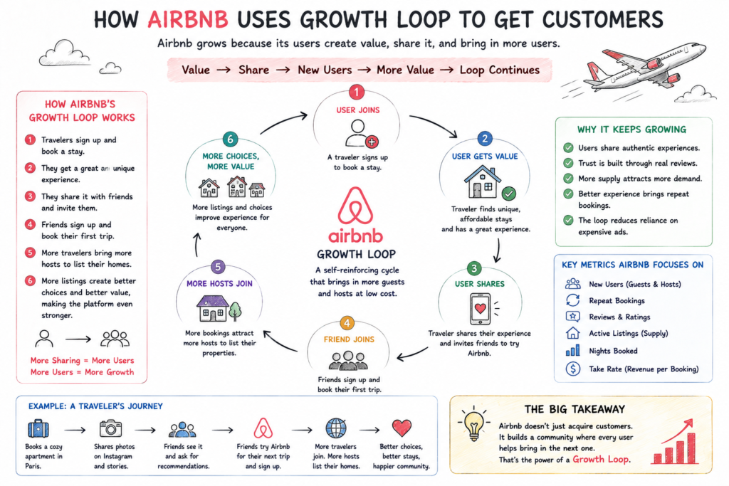 Airbnb uses a Growth Loop by creating value for guests and hosts, where every successful booking builds trust, attracts more users, and drives sustainable business growth.