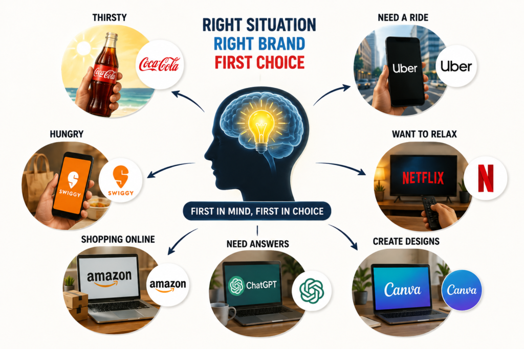 Brands become the first choice by building strong mental associations with everyday buying situations, helping customers remember and choose them when a specific need arises.