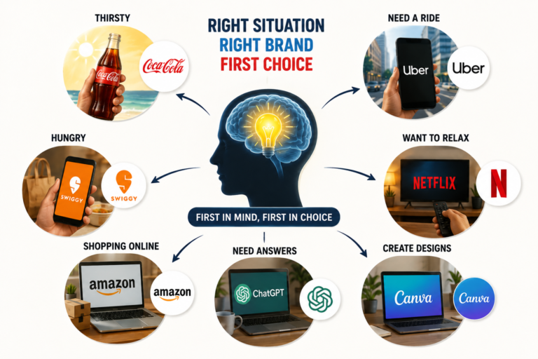 Brands become the first choice by building strong mental associations with everyday buying situations, helping customers remember and choose them when a specific need arises.