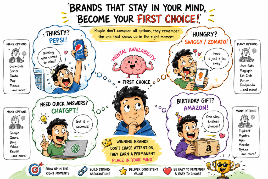 Brands become the first choice by creating strong mental availability, helping customers remember them instantly in different buying situations instead of comparing multiple available options.