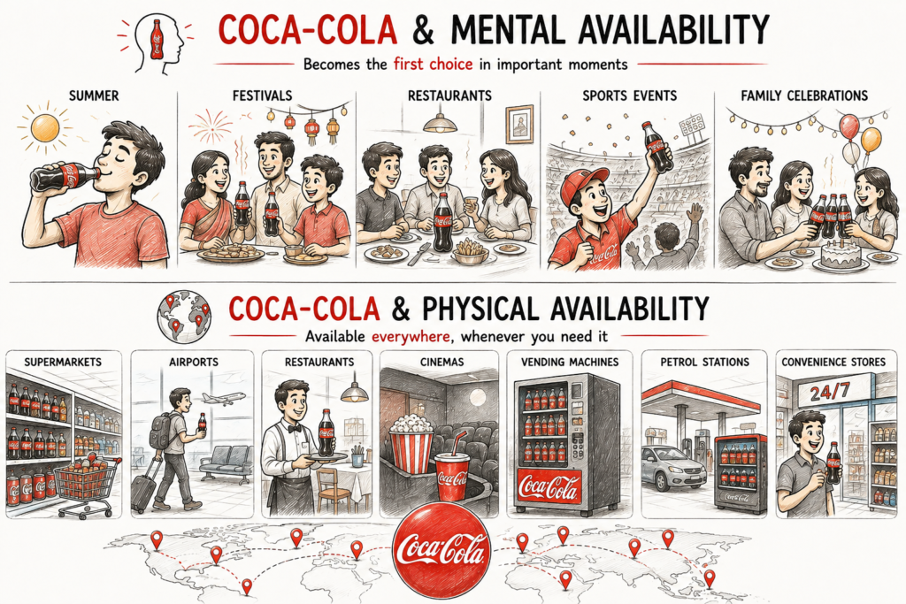 Coca-Cola becomes the first choice by building strong Mental Availability through memorable buying moments and Physical Availability by making its products accessible across stores, restaurants, airports, cinemas, and vending machines worldwide.