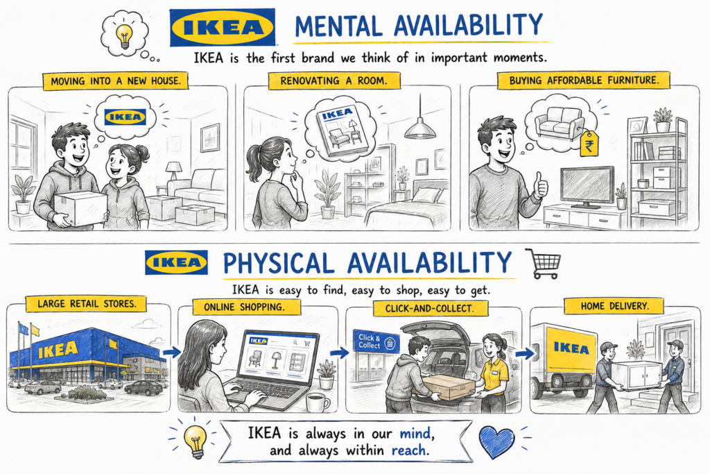 IKEA becomes the first choice by building Mental Availability during home improvement moments and Physical Availability through convenient shopping channels that make buying furniture simple and accessible.