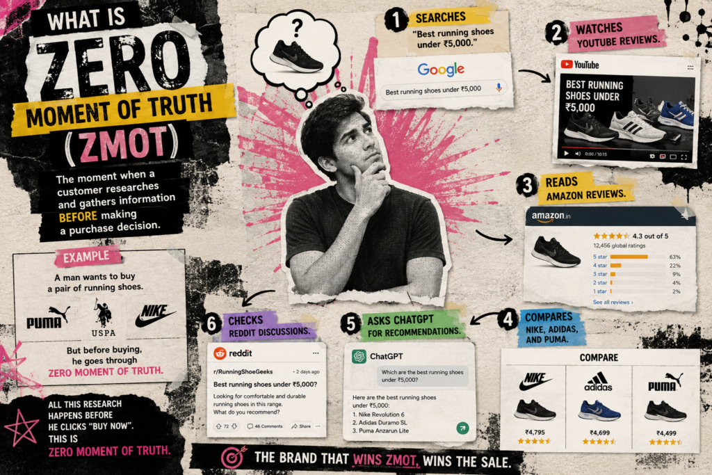 Zero Moment of Truth (ZMOT) explains how customers research products across Google, YouTube, Amazon, ChatGPT, Reddit, and brand comparisons before making a purchase decision.