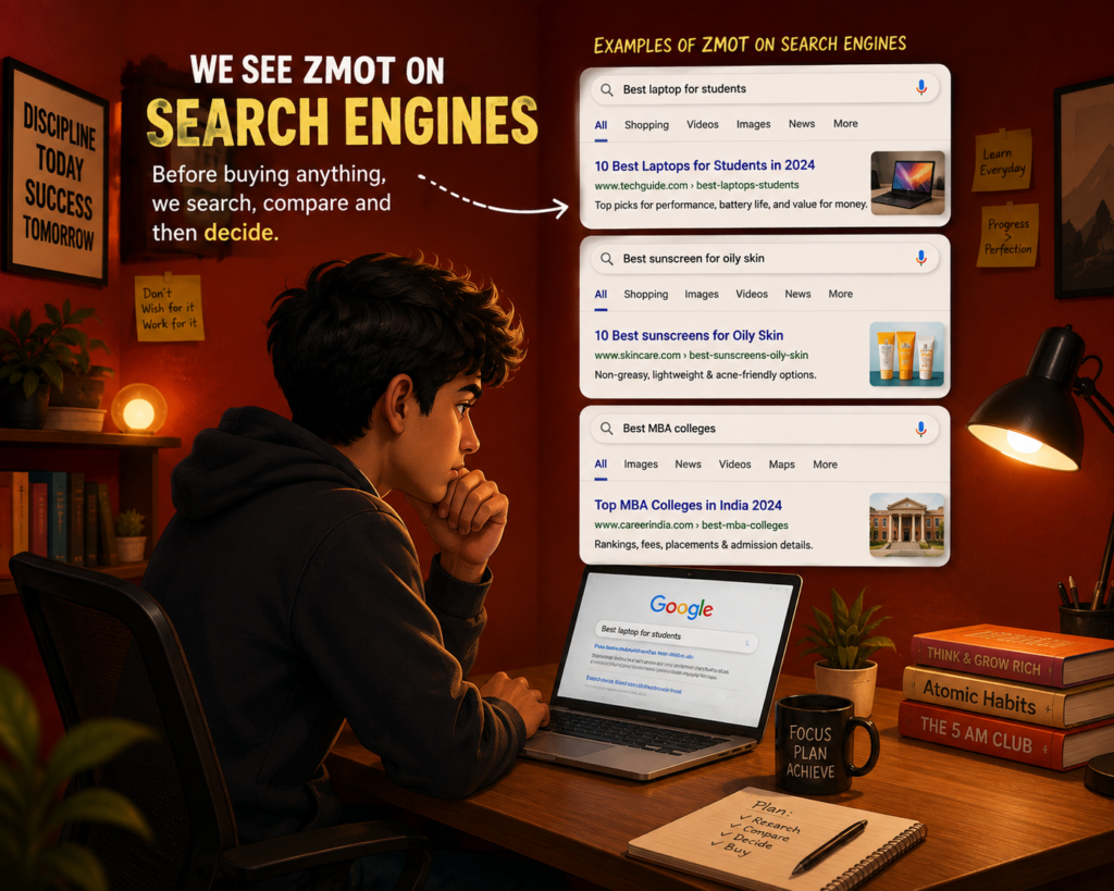 Zero Moment of Truth (ZMOT) begins on search engines where customers research products and services, compare options, and gather information before making informed buying decisions.
