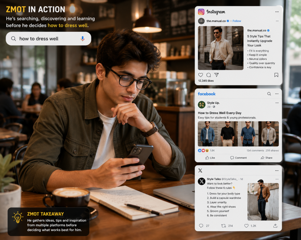 Zero Moment of Truth (ZMOT) shows how customers use Instagram, Facebook, and X to discover fashion ideas, learn from influencers, and build confidence before making style and buying decisions.