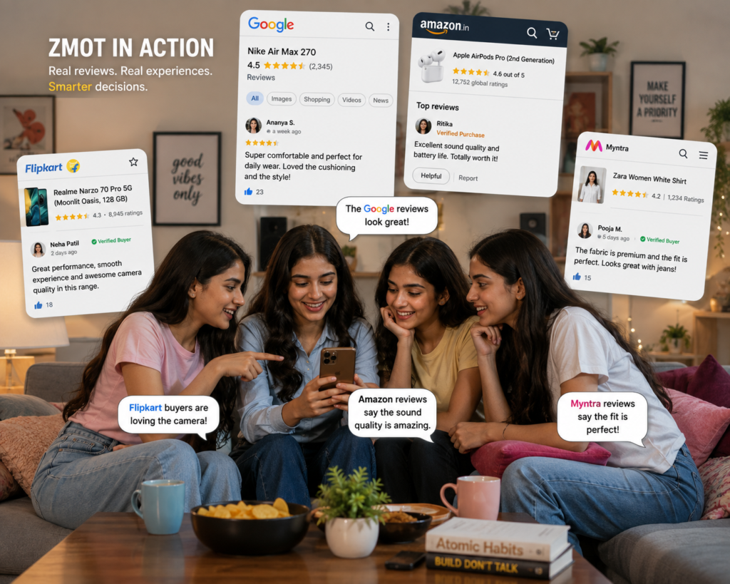 Zero Moment of Truth (ZMOT) shows how customer reviews on Google, Amazon, Flipkart, and Myntra help people compare products, build trust, and make confident buying decisions.