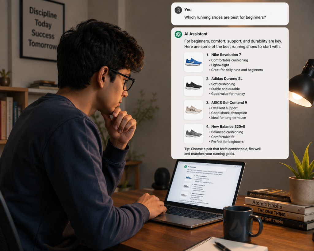 Zero Moment of Truth (ZMOT) shows how customers use AI assistants to get personalized product recommendations, compare options, and make confident buying decisions before purchasing running shoes.