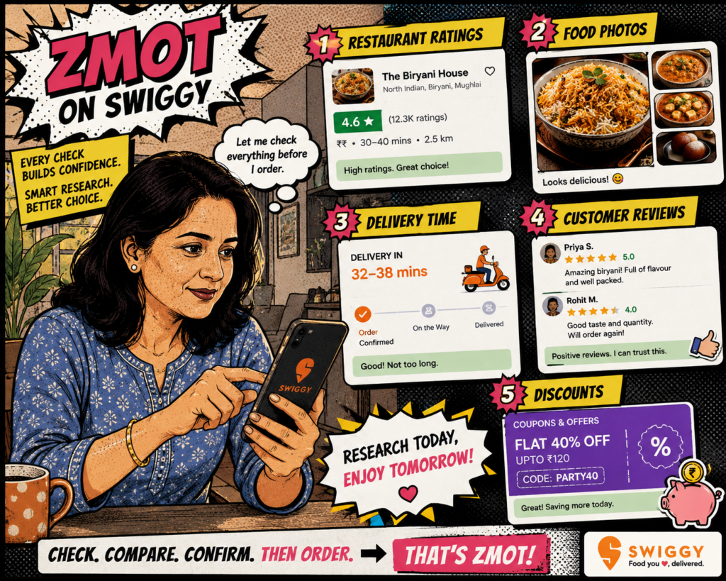 Zero Moment of Truth (ZMOT) demonstrates how customers use Swiggy ratings, food photos, delivery time, customer reviews, and discounts to choose the best restaurant before placing an order.