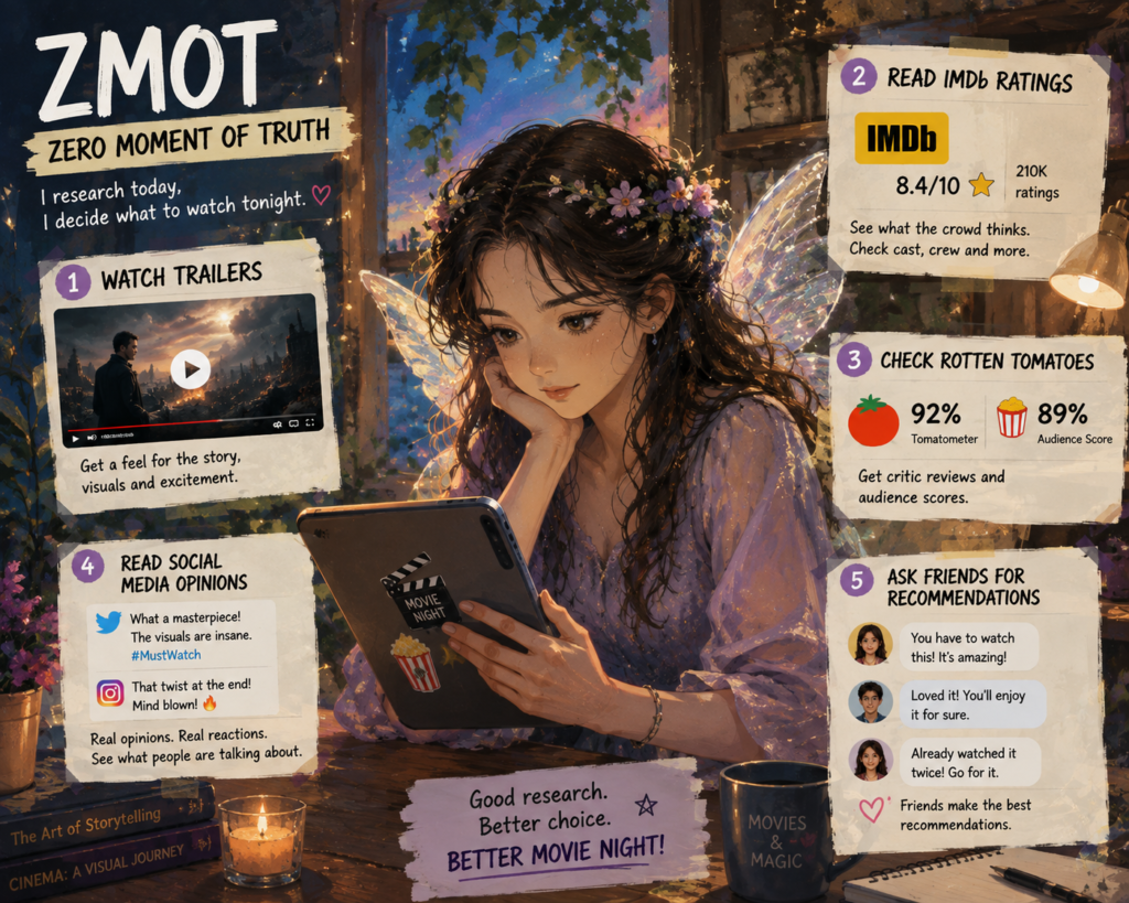 Zero Moment of Truth (ZMOT) shows how viewers watch trailers, check IMDb and Rotten Tomatoes ratings, read social media opinions, and ask friends for recommendations before deciding what to watch.